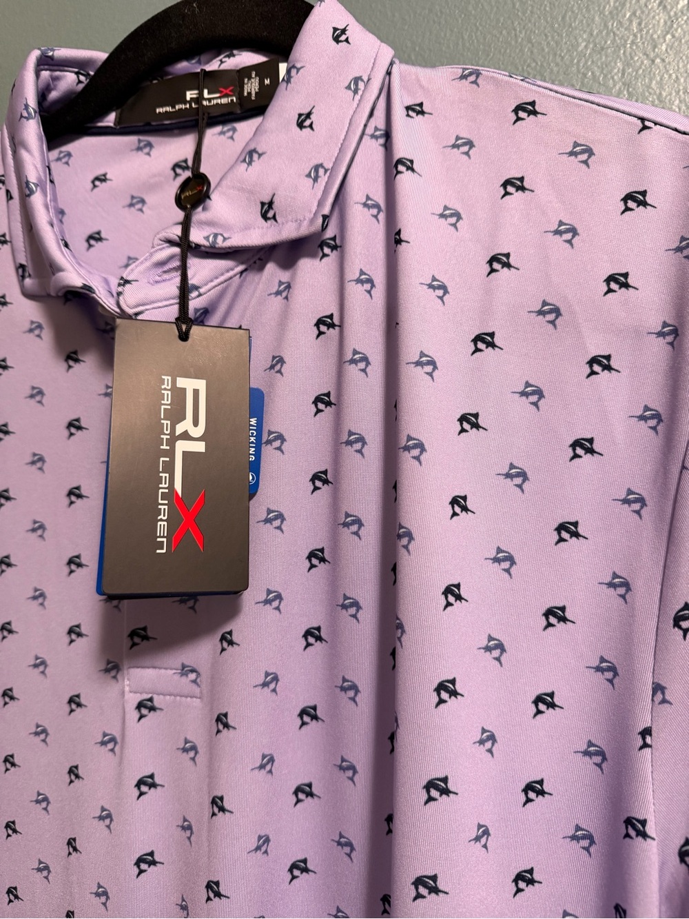 RLX Ralph Lauren Classic Fit Short Sleeve Marlin Golf Polo Mens M Purple Graphic